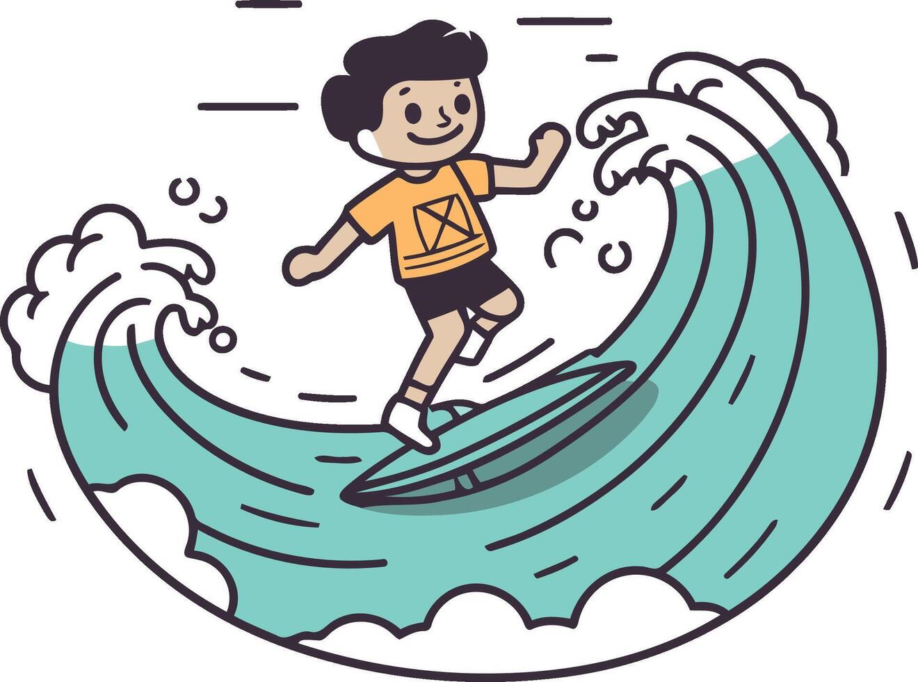 illustration of a boy riding a wave on a surfboard. vector
