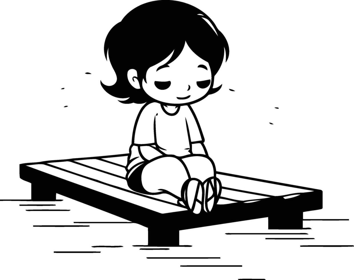 Illustration of a cute little girl sitting on a wooden pier. vector