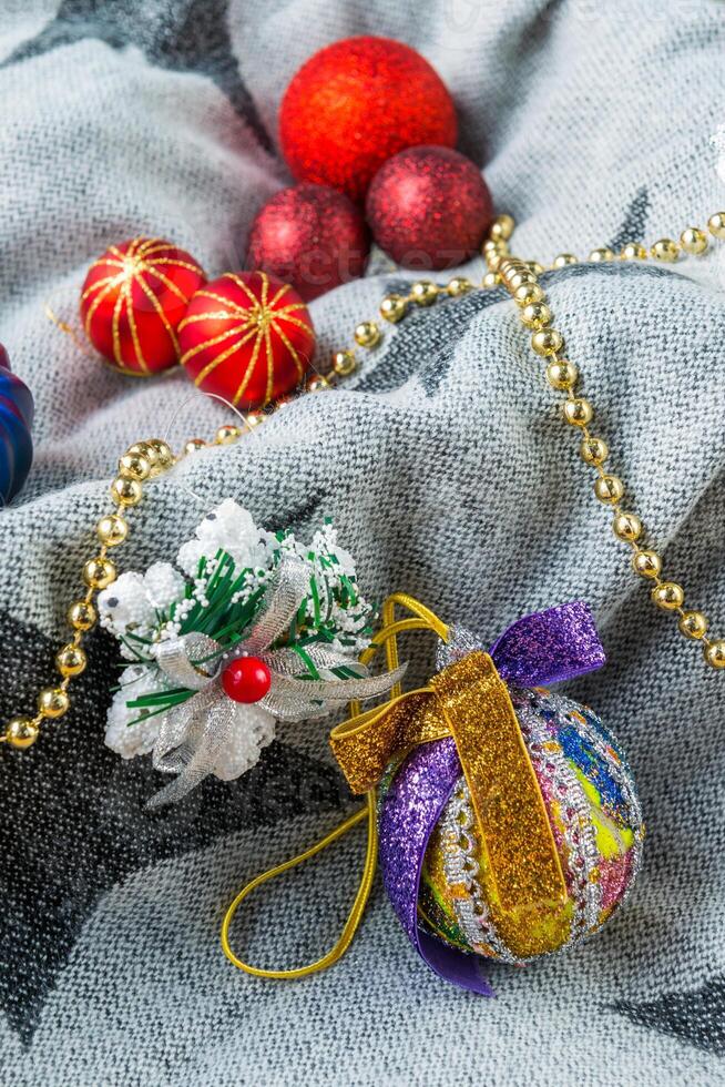 Christmas decorations on a color background. New year toys. photo