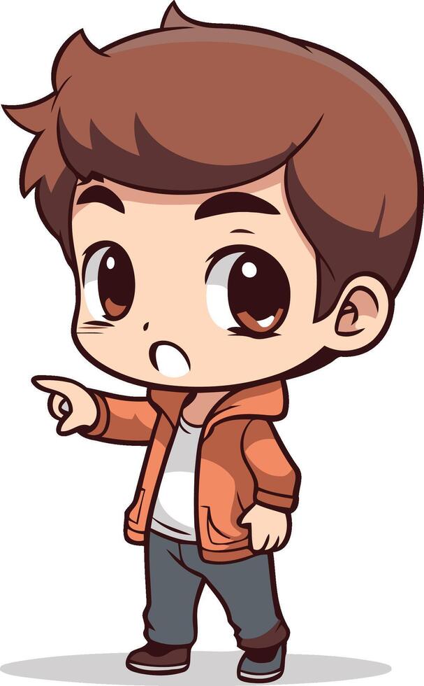 Cute boy pointing his finger to the side. vector