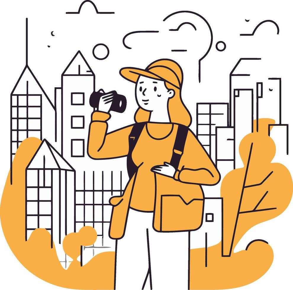 illustration of a girl with a camera on the background of the city. vector