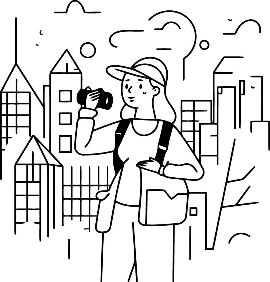 illustration of a girl with a camera on the background of the city. vector