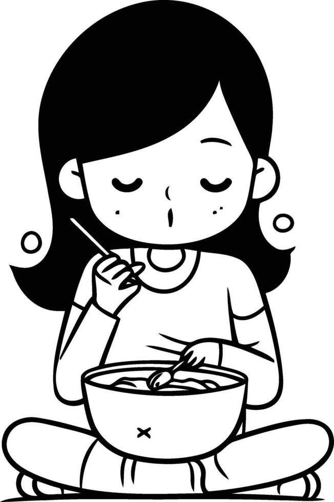 Illustration of a Kid Girl Eating a Bowl of Noodles vector