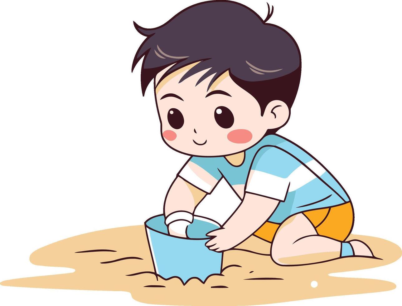 Cute little boy playing with sand on the beach. vector