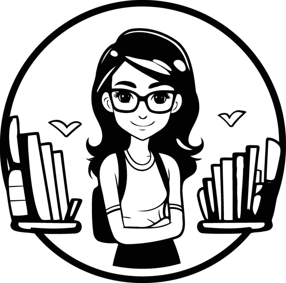 Illustration of a Girl Student Wearing Glasses Standing in Circle with Books vector