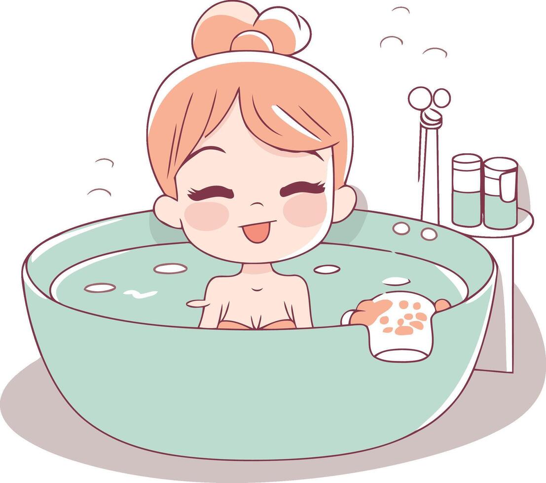 Cute little girl taking a bath in cartoon style. vector