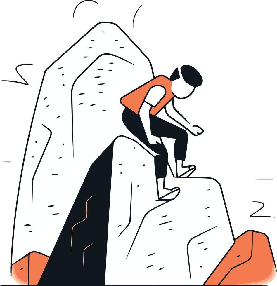 Climber on the cliff in thin line style. vector