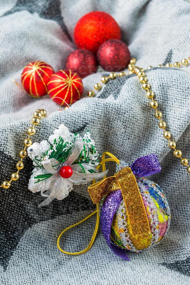Christmas decorations on a color background. New year toys. photo