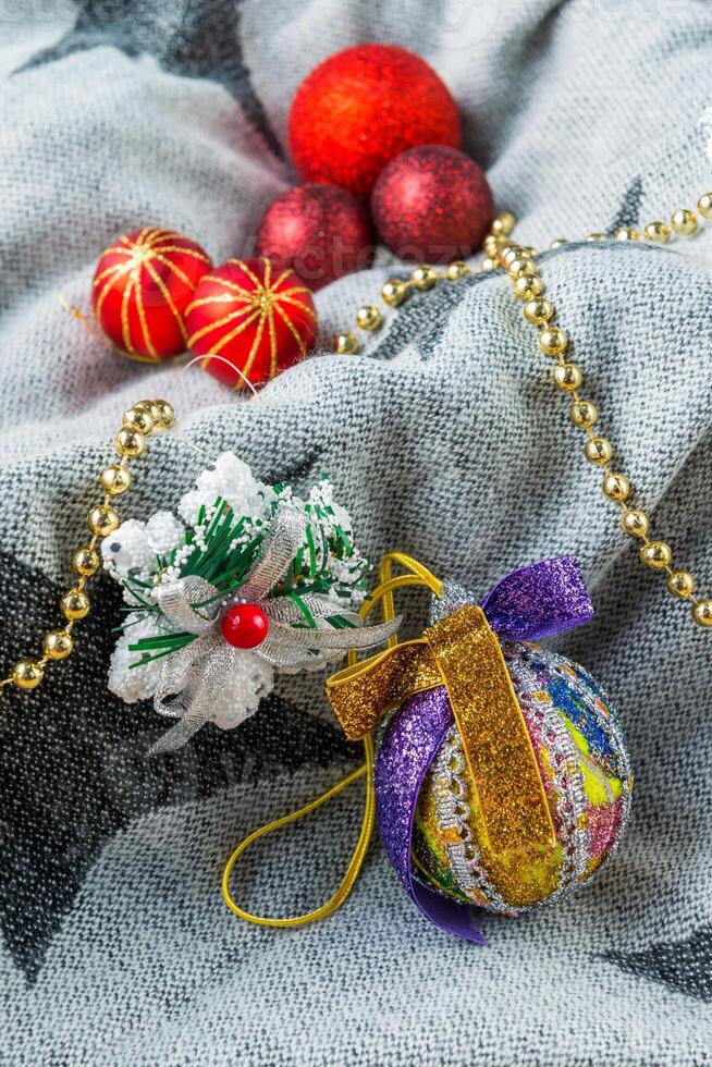Christmas decorations on a color background. New year toys. photo