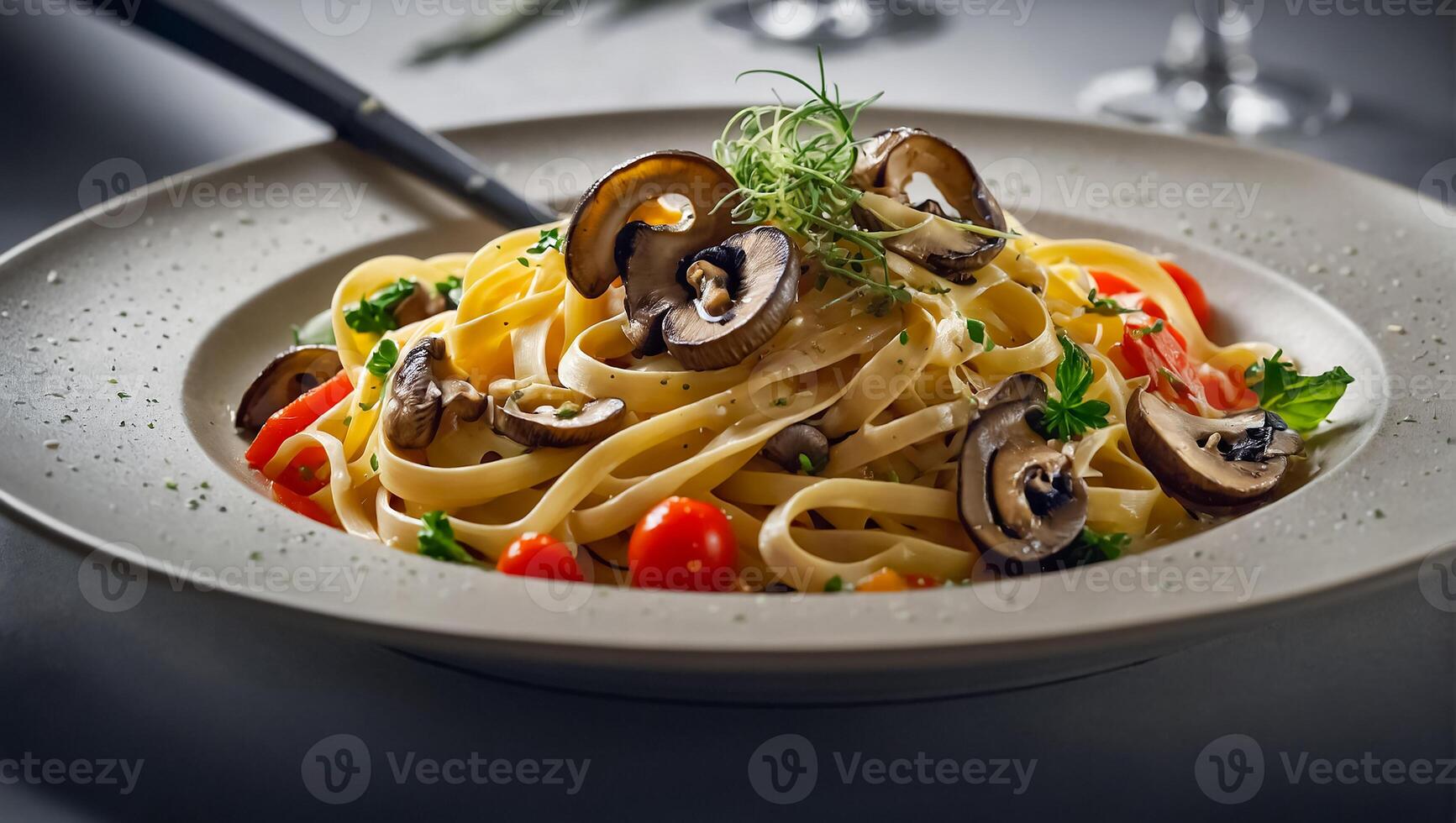 fettuccine with mushrooms and tomatoes restaurant photo