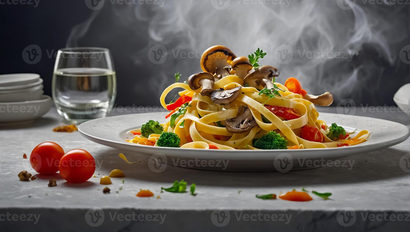 fettuccine with mushrooms and tomatoes restaurant photo