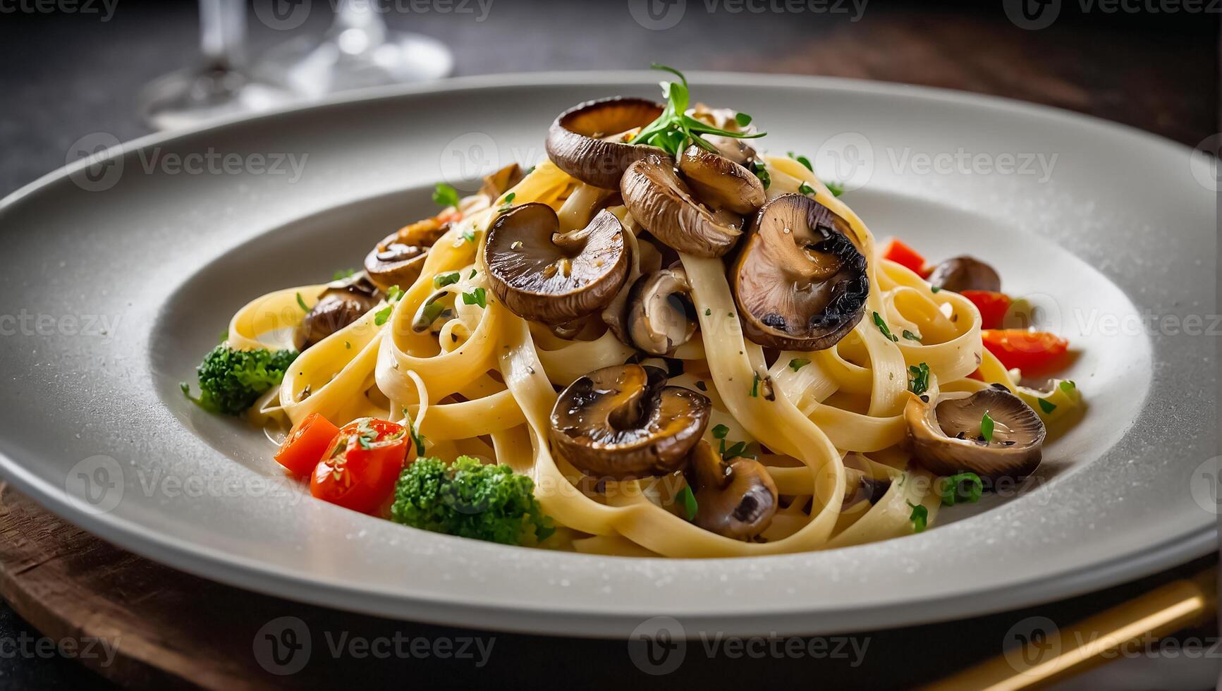 fettuccine with mushrooms and tomatoes restaurant photo