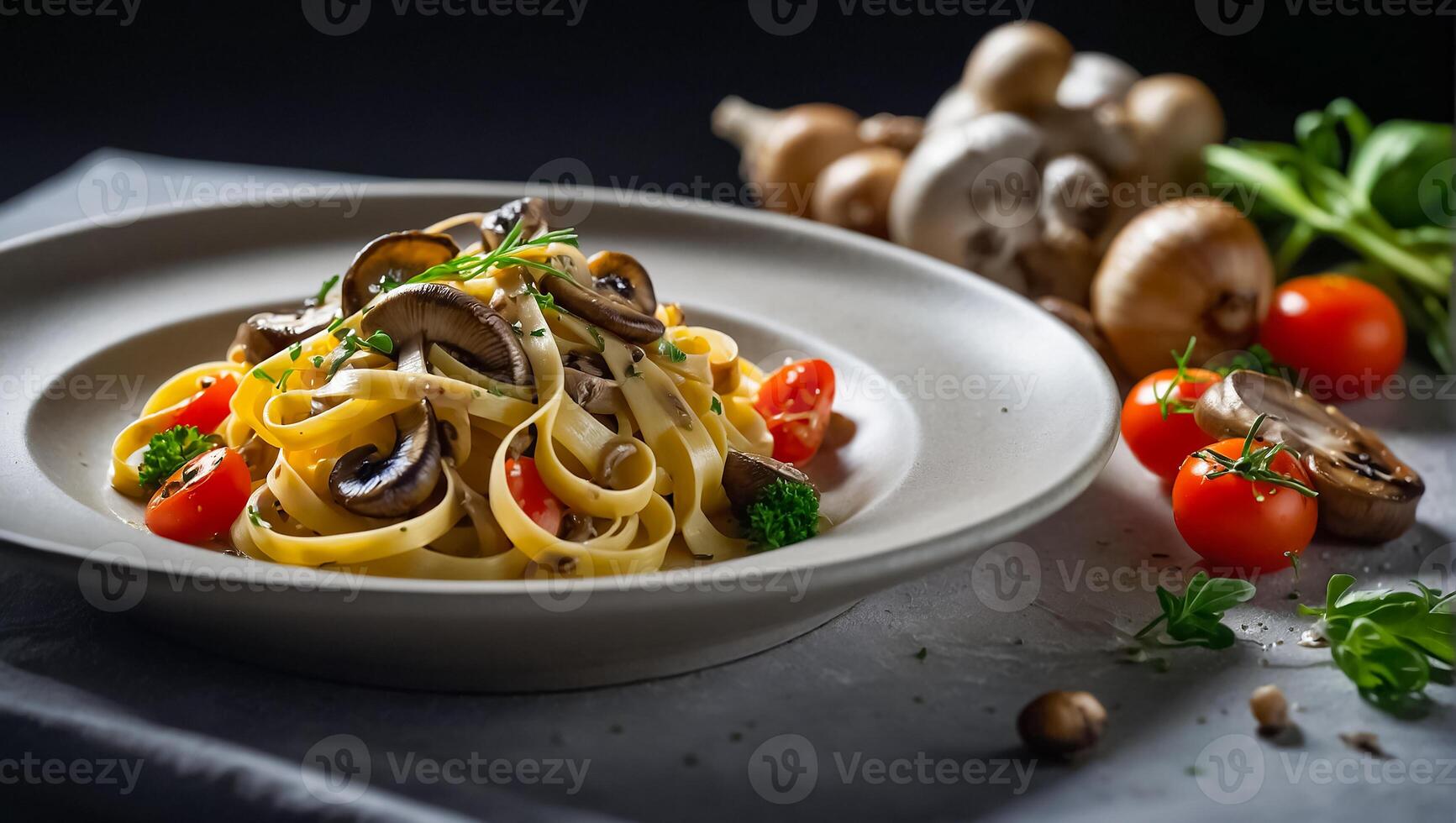fettuccine with mushrooms and tomatoes restaurant photo