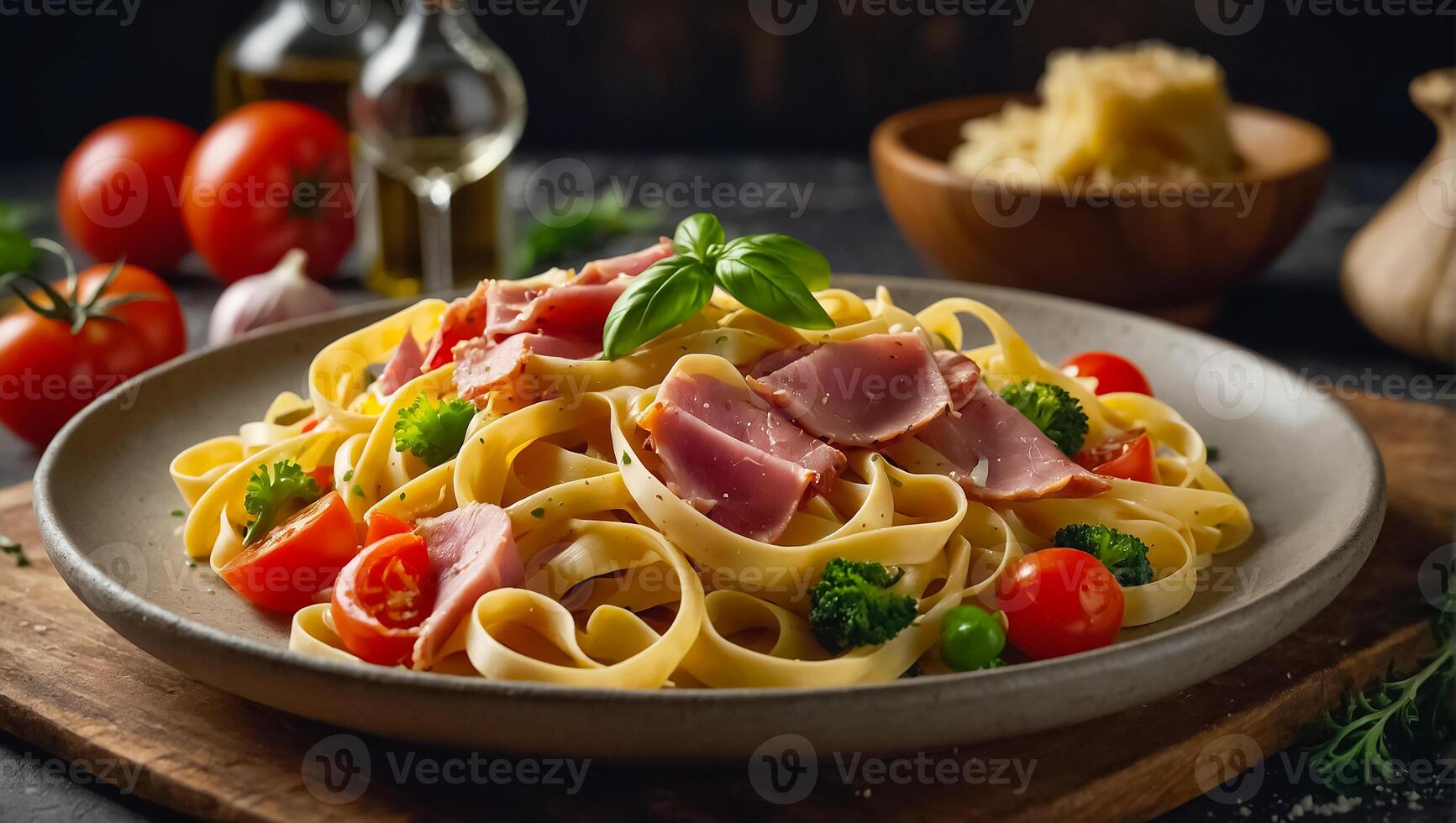 fettuccine with ham and vegetables photo