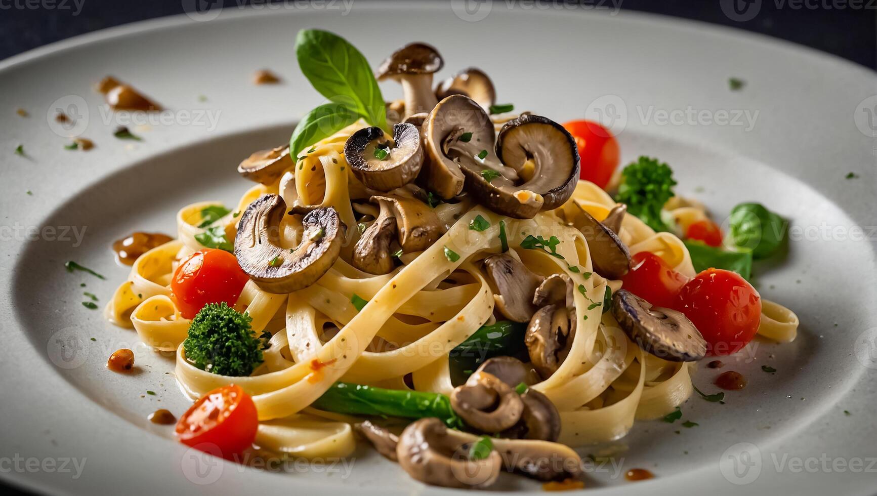 fettuccine with mushrooms and tomatoes restaurant photo