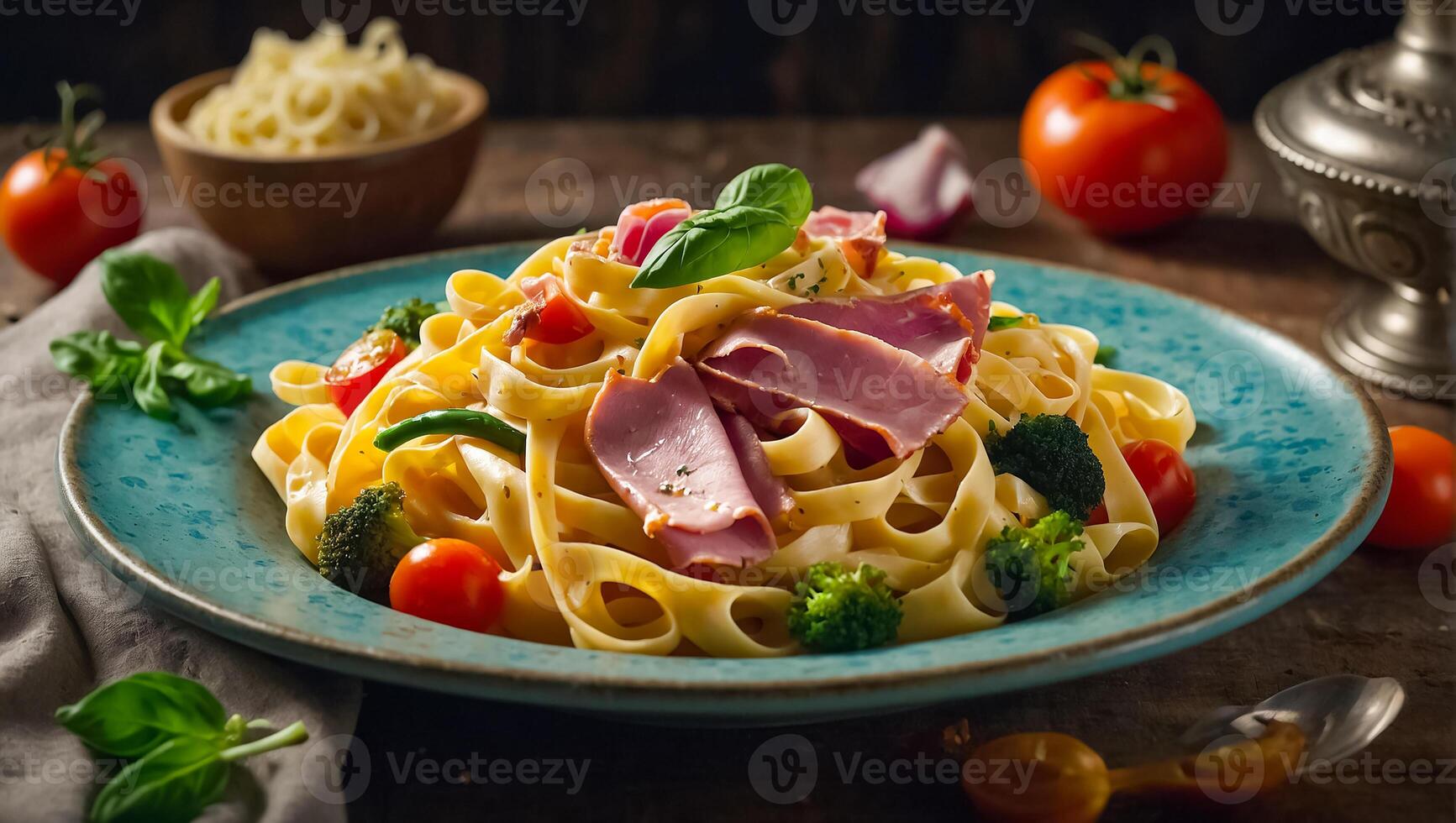 fettuccine with ham and vegetables photo