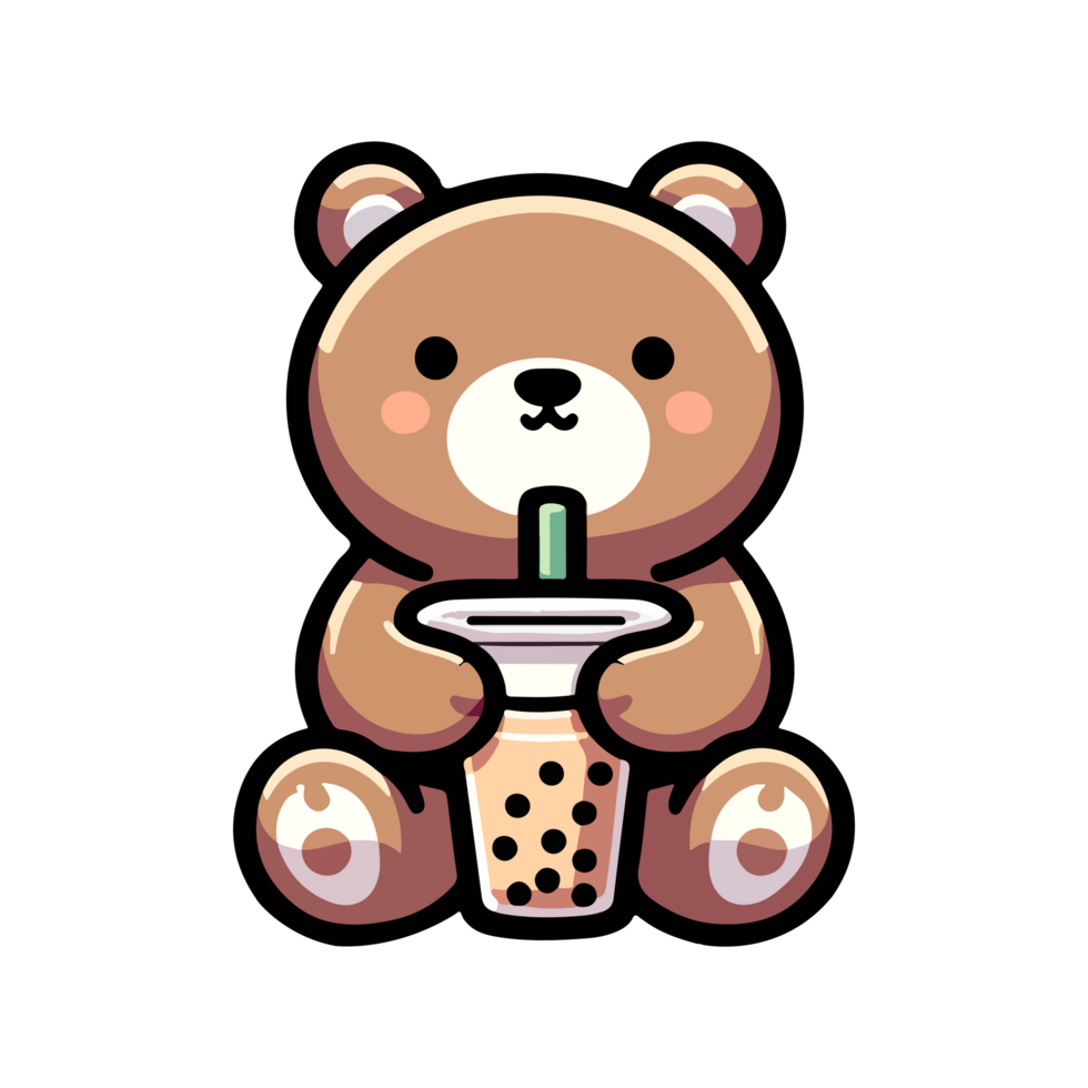 cute bear drinking boba icon character png