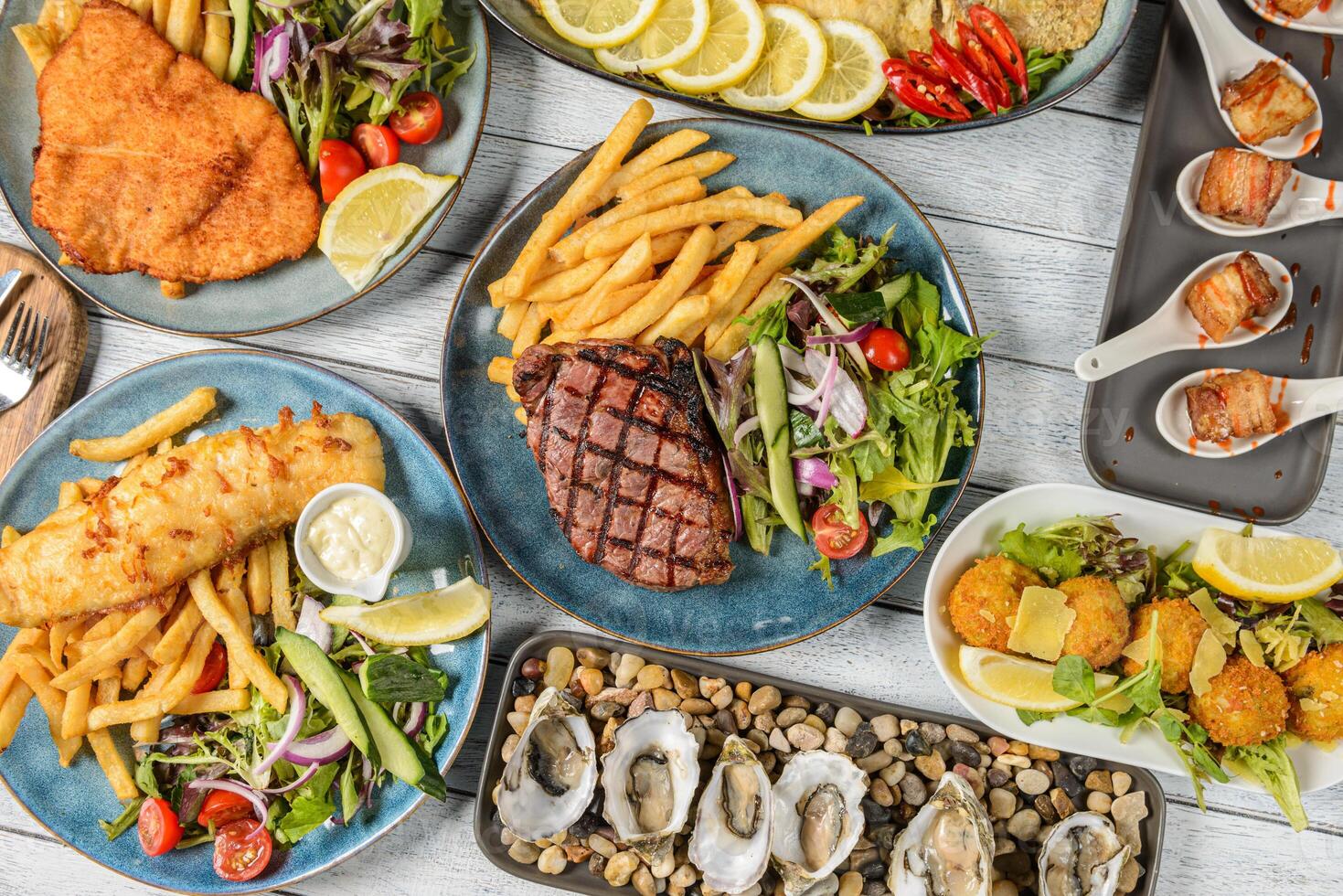 Appetizing cuisine, delicious diet, fresh fruit, healthy eating, nutritious seafood, vibrant vegetable. photo