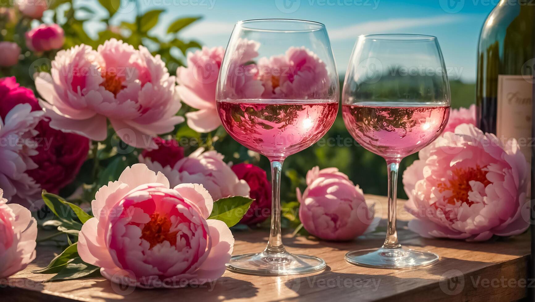 Glasses with pink wine, flowers on the table in nature photo