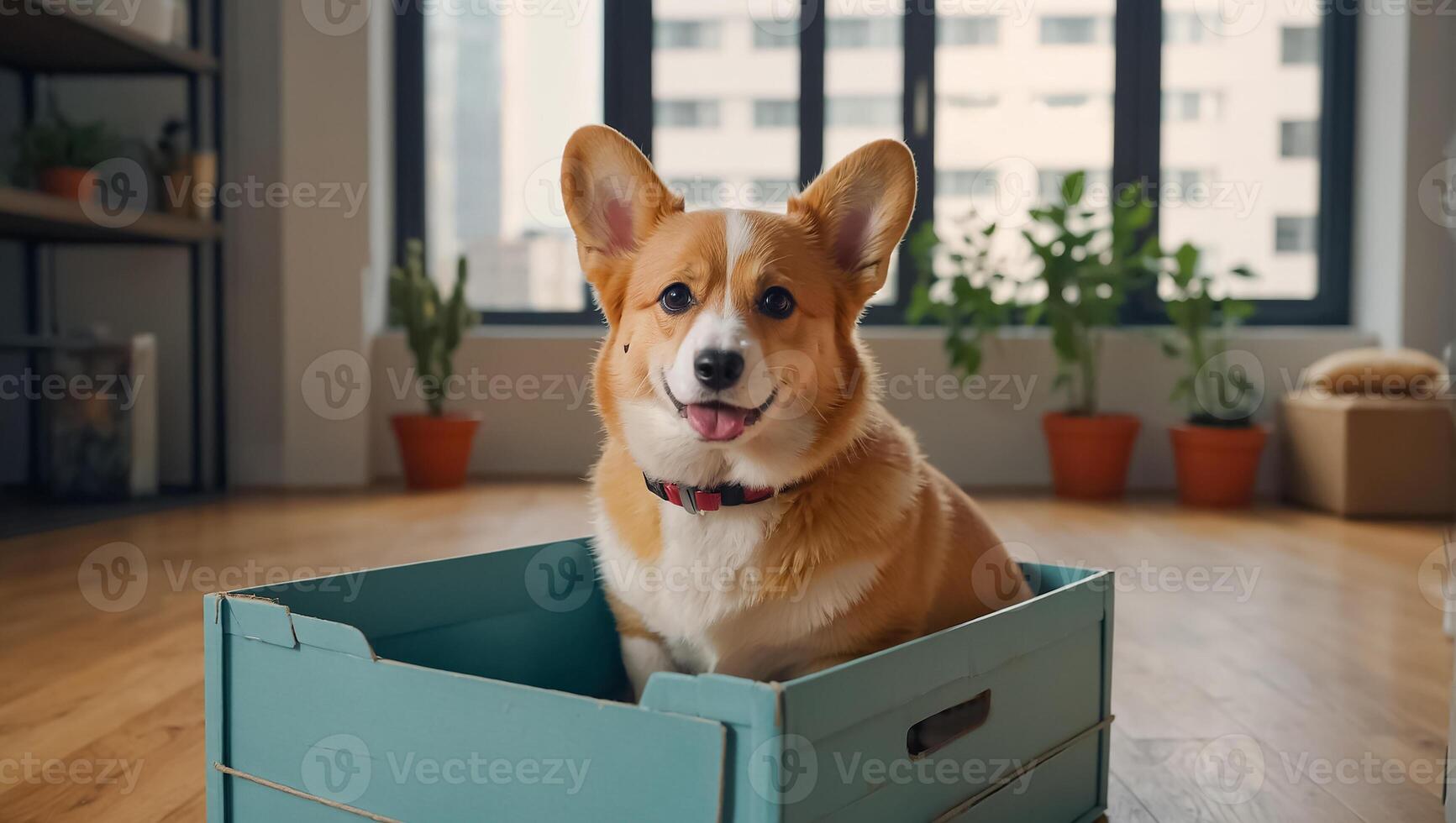 Cute dog, box in the apartment photo