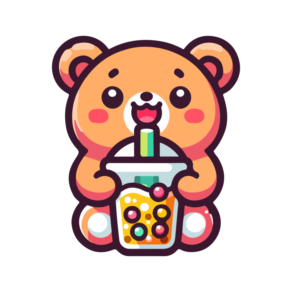 cute bear drinking boba icon character png