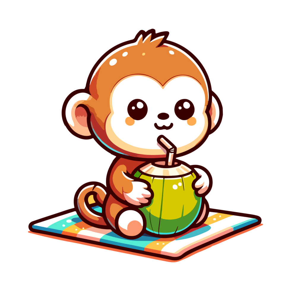 cute monkey drinking coconut icon character png