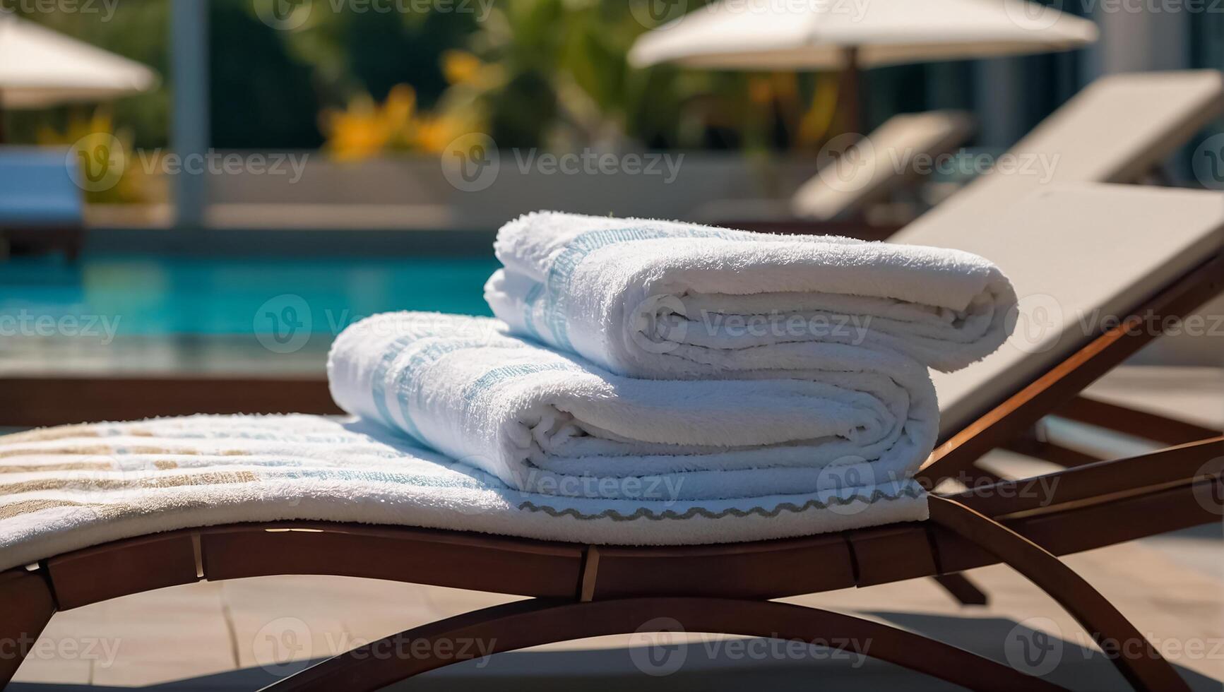 Towels on sun loungers near the pool photo