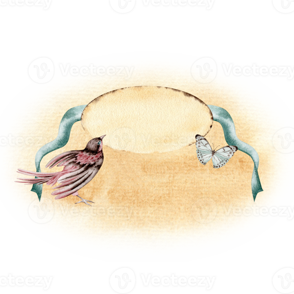 Copy space card design with a bird, ribbon and a butterfly. Elegant note. Banner with your text. Hand drawn watercolor illustration on transparent background. For invitations, postcards and flyers png