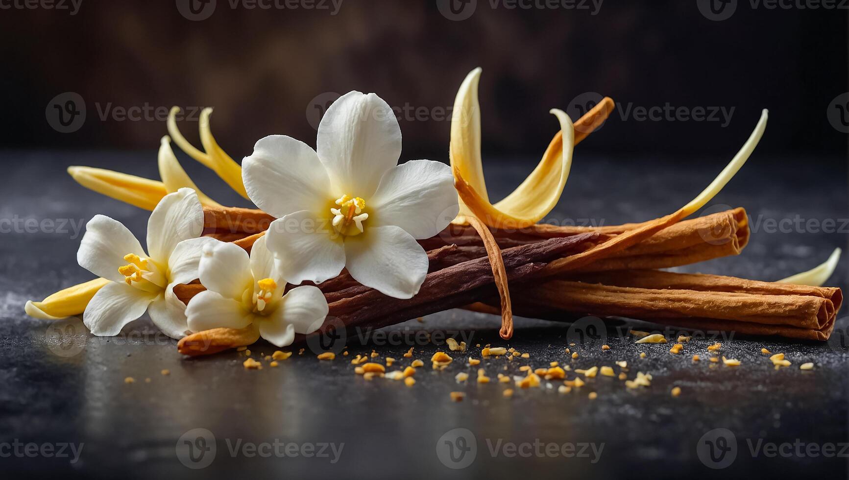Vanilla sticks with flowers on old background photo