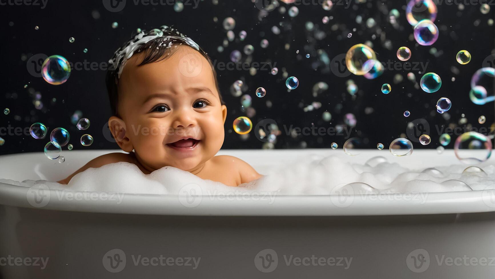Cute baby bathing in the bath photo