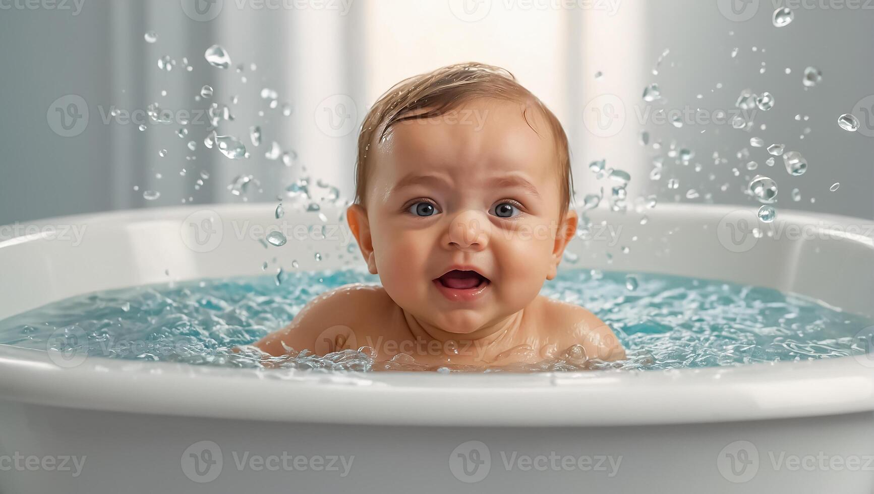 Cute baby bathing in the bath photo