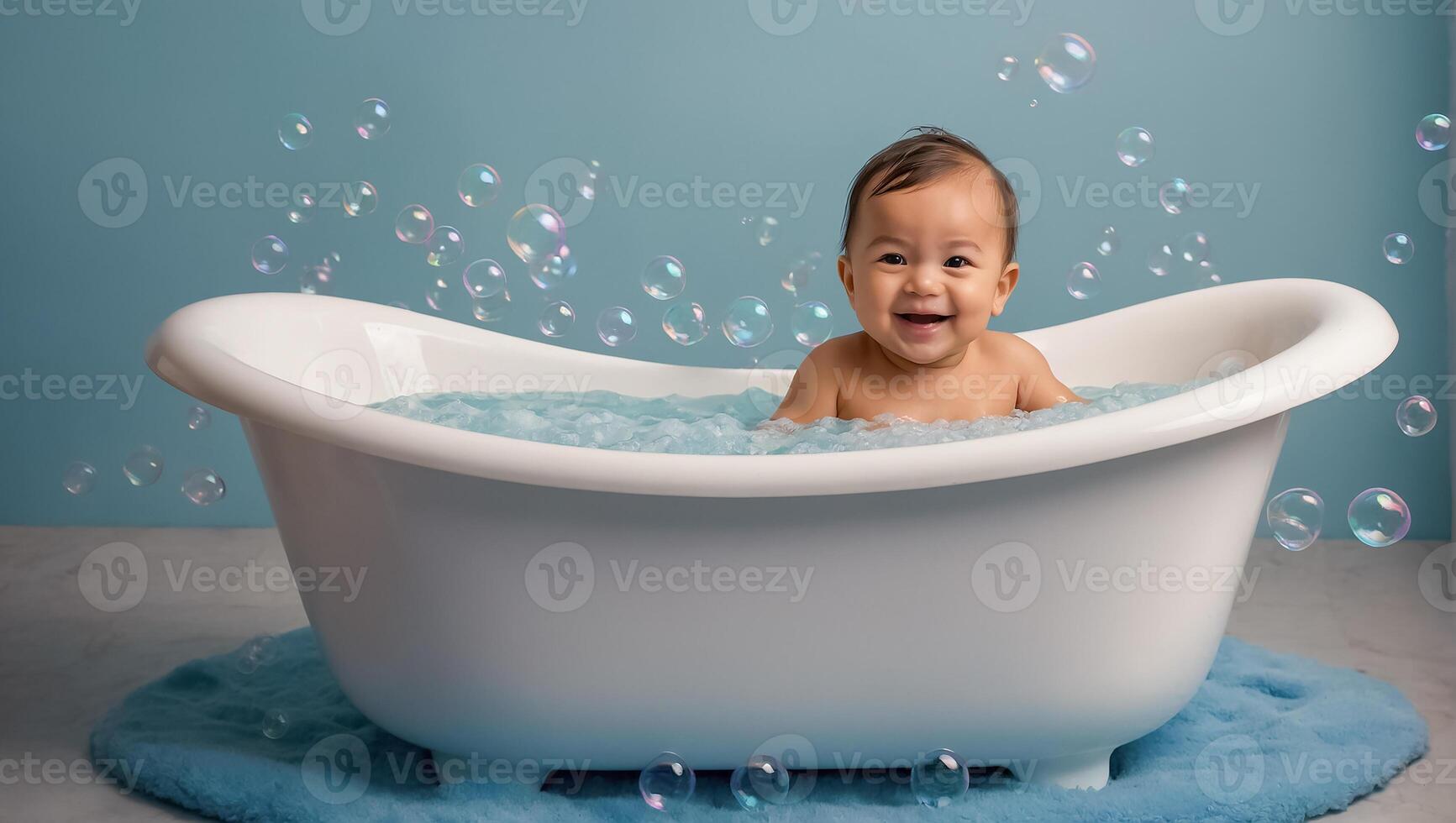 Cute baby bathing in the bath photo