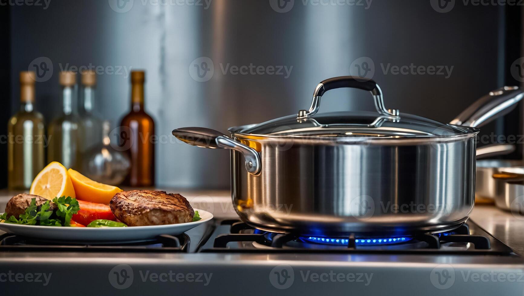 Beautiful pot on the hob in the kitchen photo