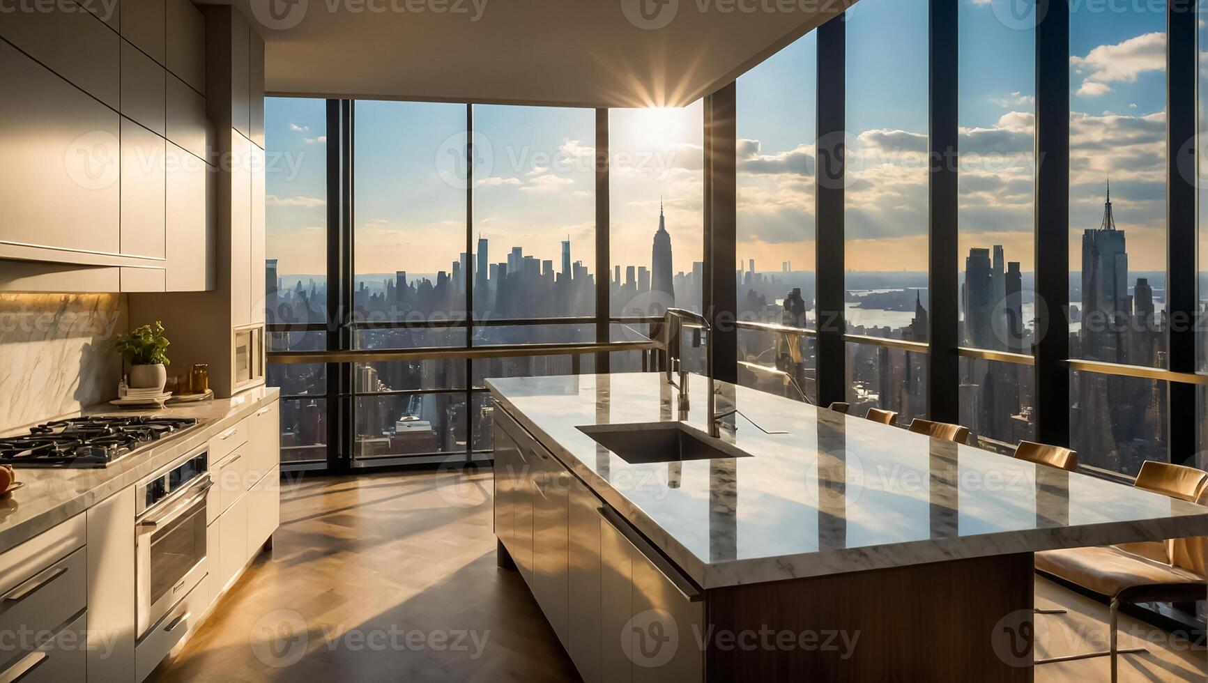 Beautiful modern kitchen with panoramic windows overlooking New York photo