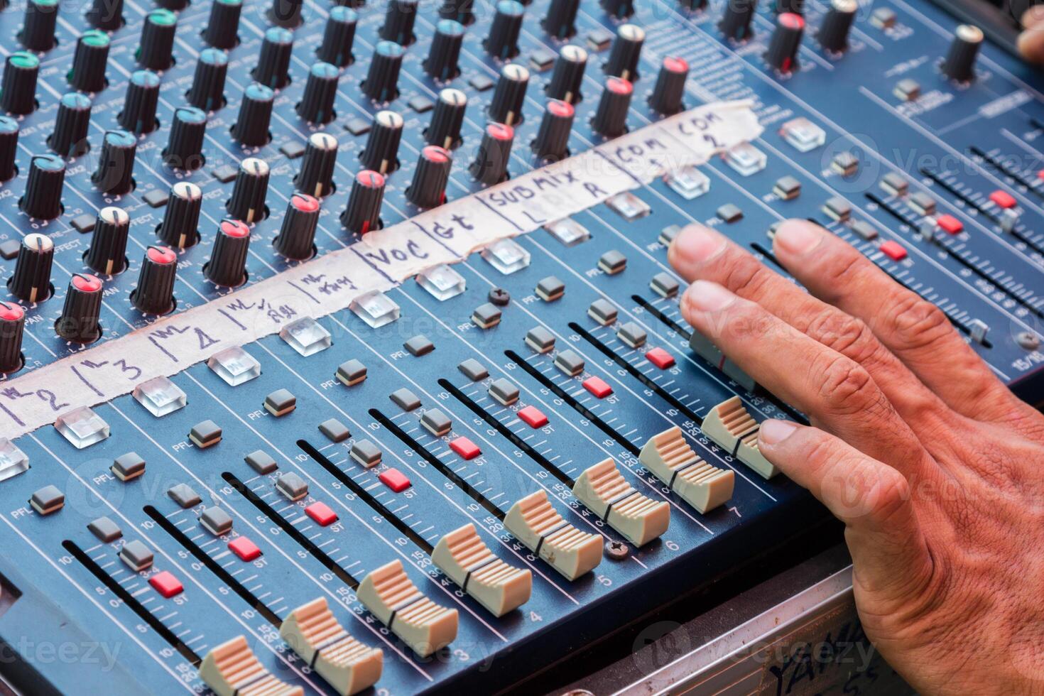 Audio mixing console closeup photo