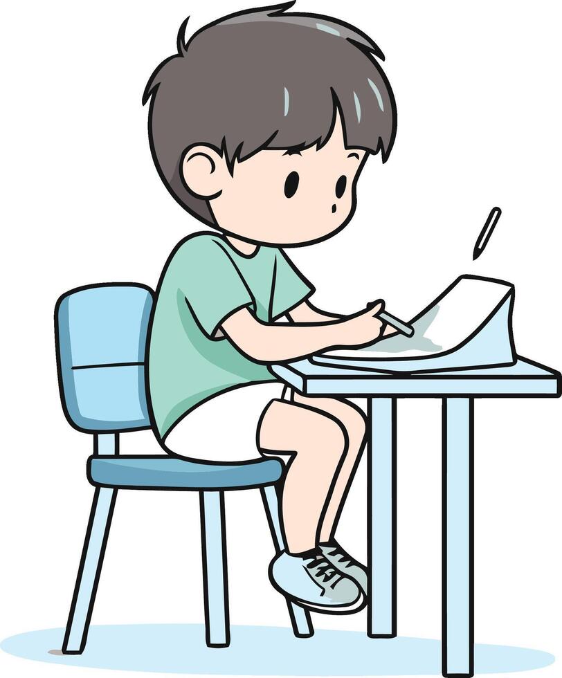 Boy writing on paper of a boy doing homework. vector