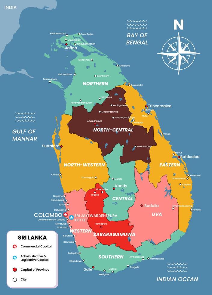 Sri Lanka Map with Capital of Province and City Names vector