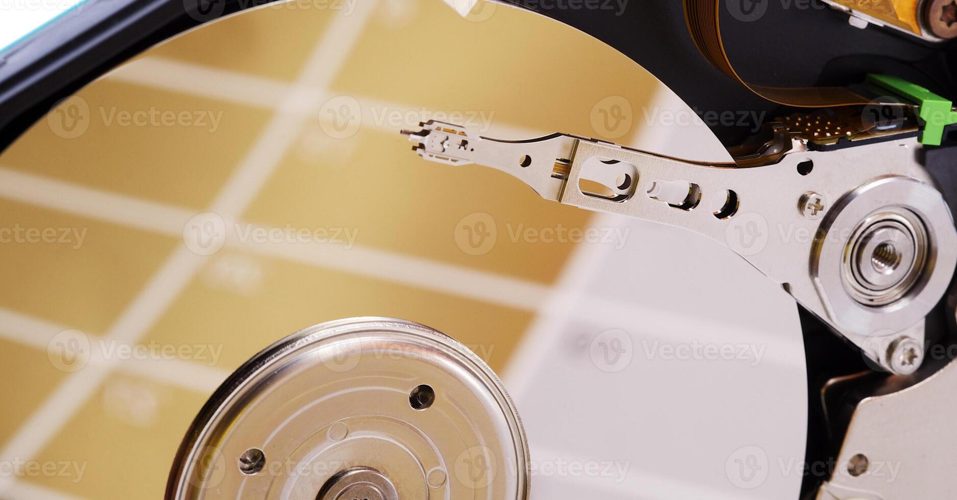Close-up inside view of hard disk isolated on white background photo