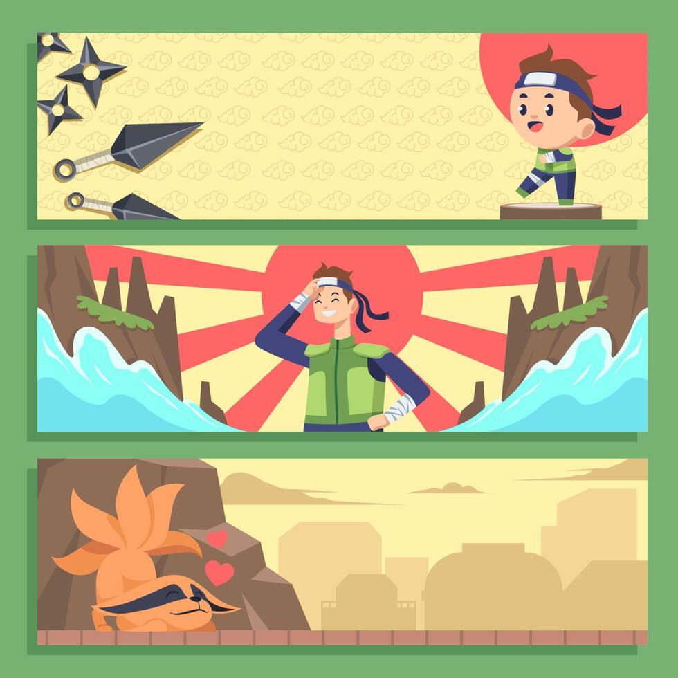 Ninja with Headband in Cartoon Style Banner Set vector