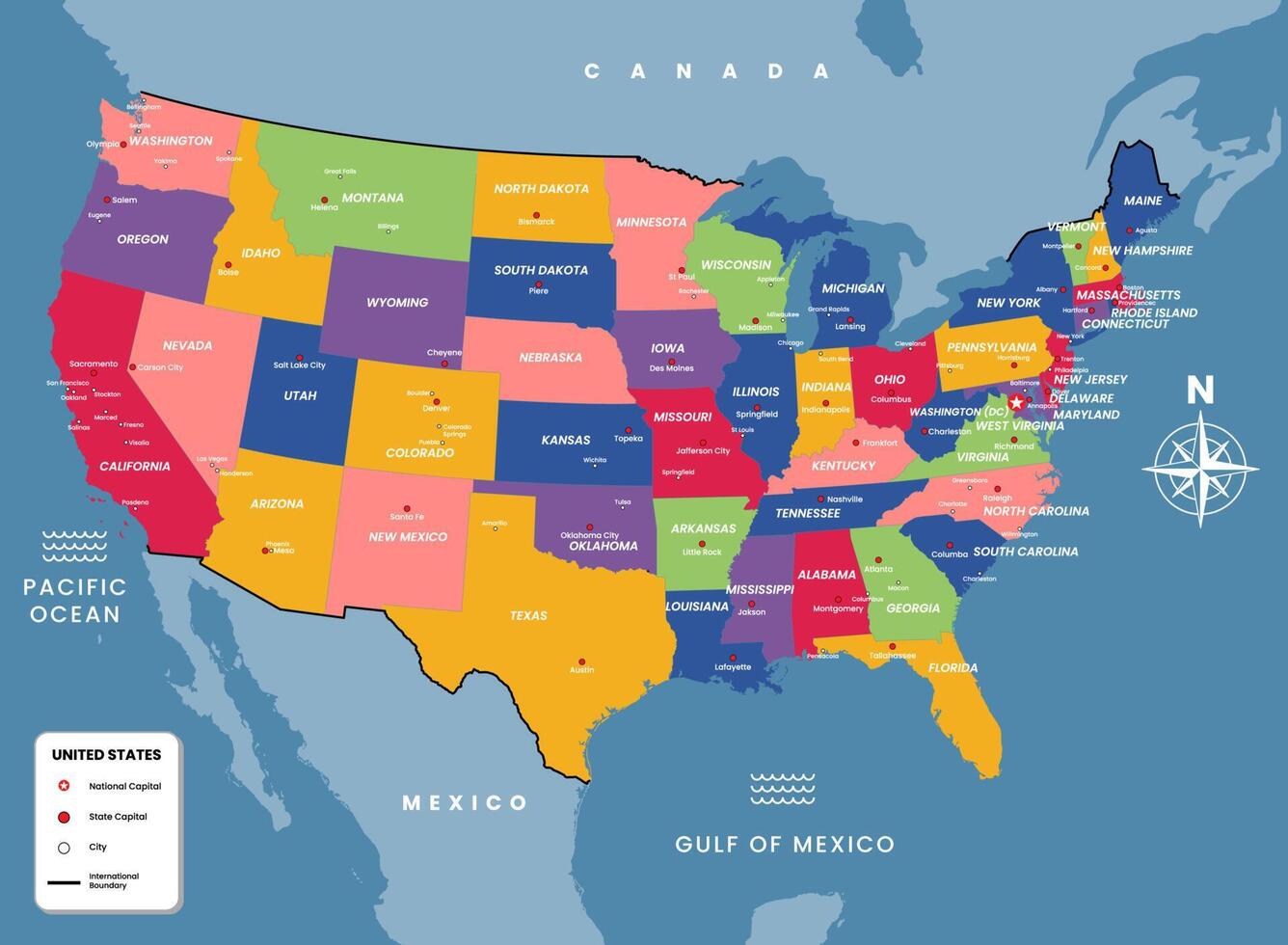 The United States Map With Names - United States Of America Map With State Capital And City Names Free Vector