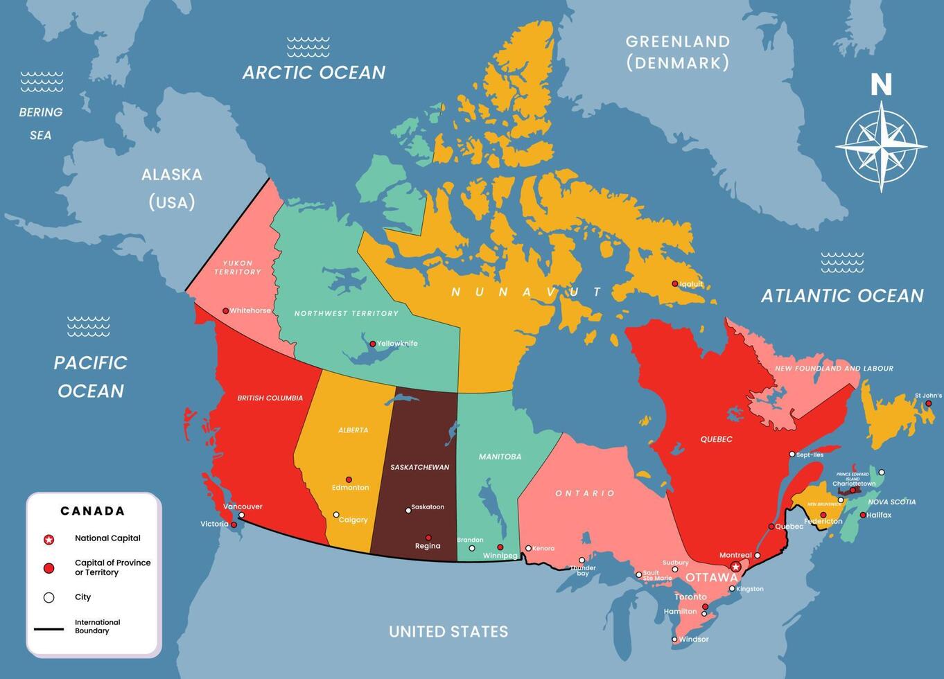 Canada Map with Capital of Province and City Names vector