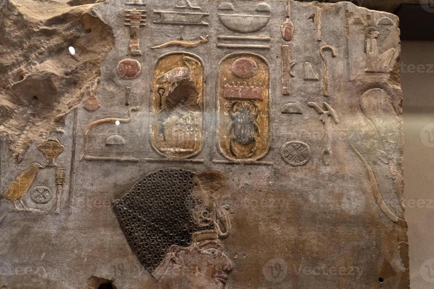 Egyptian painted bas relief close up photo