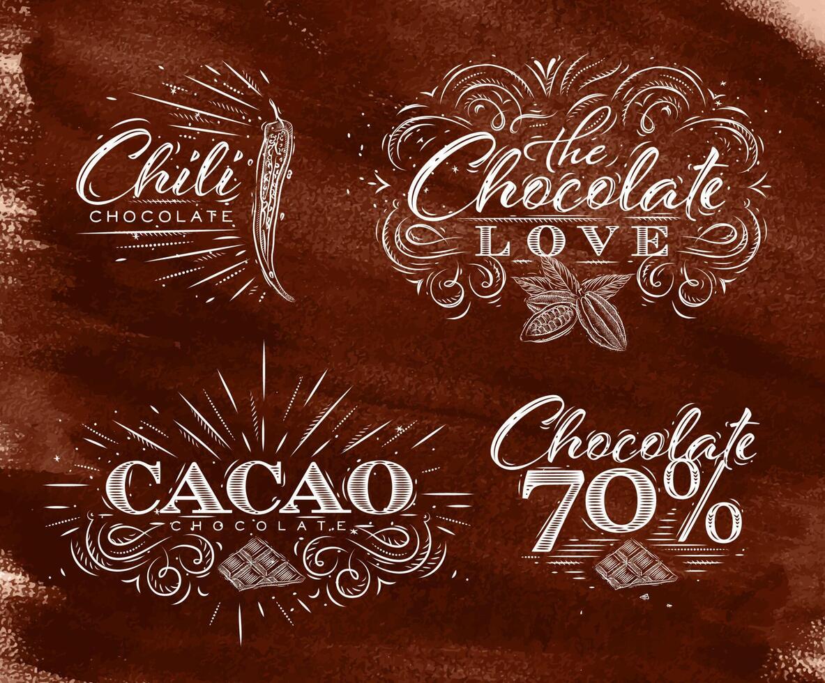 Chocolate labels collection in vintage style lettering chocolate love, chili, cacao, 70 drawing on brown watercolor background vector