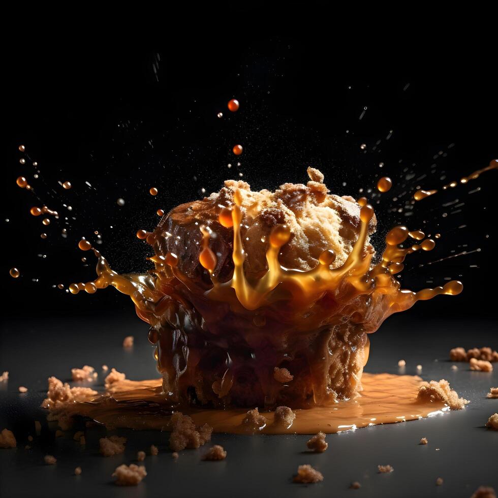 Melted chocolate poured over an apple on a black background with a splash, Image photo