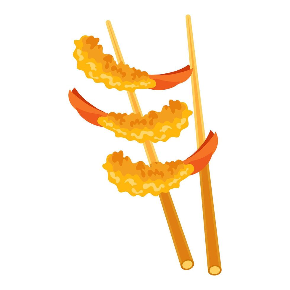 Japanese tempura shrimp, fried shrimp on chopsticks. Asian seafood. Illustration, vector