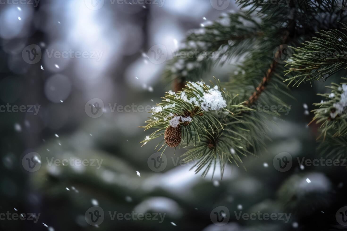 View of Christmas tree decorations on a green coniferous tree with some snow and soft bokeh lights in the background created with technology. photo
