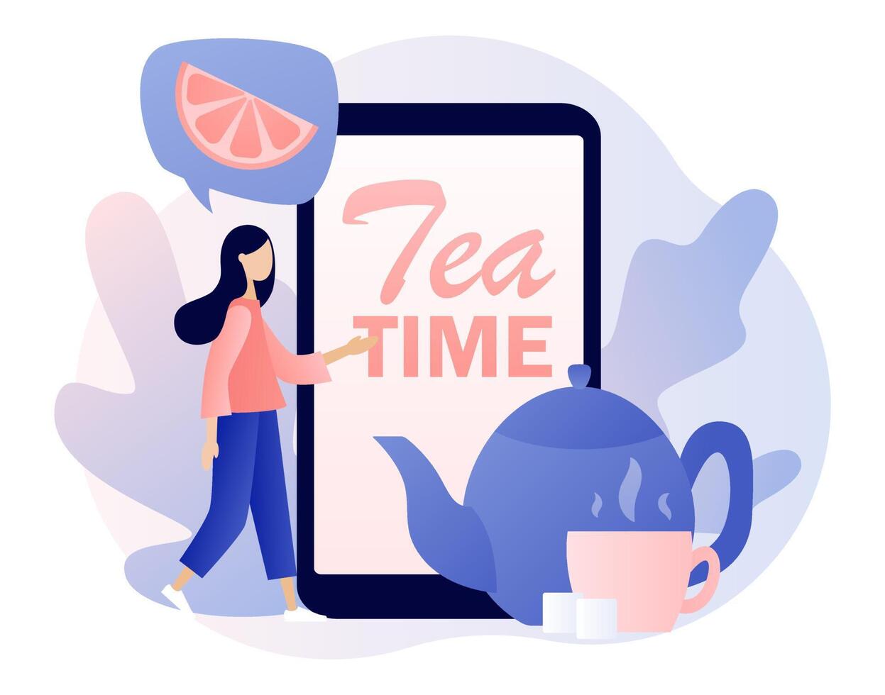 Tea time - text on smartphone screen. Hot drinks party online. Tiny people drinking tea. Kettle, cup, lemon slice and sugar cubes. Modern flat cartoon style. Vector illustration on white background