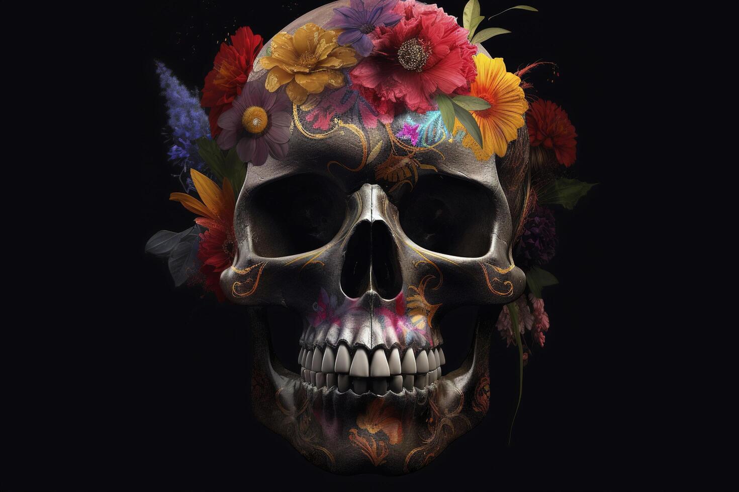 Day of the Dead skulls. Dia de los Muertos. Day of the Dead and Mexican Halloween background. Mexican tradition festival. Day of the dead sugar skull. Dia de los Muertos, generate ai photo