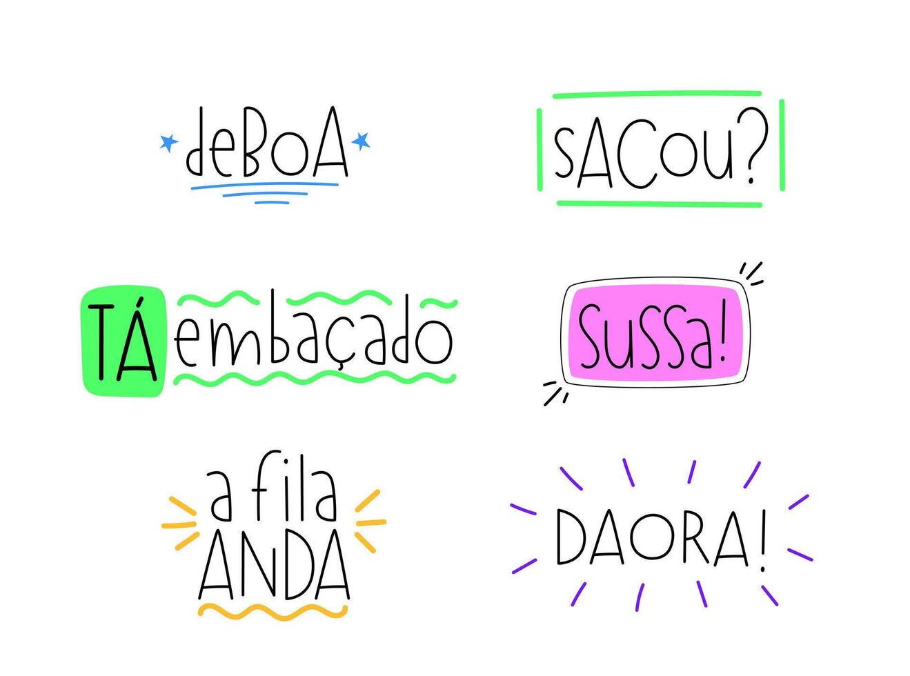 Brazilian slang and jargon set. Translation - I am ok, Got it, It is complicated, All good, Life goes Round, Cool vector