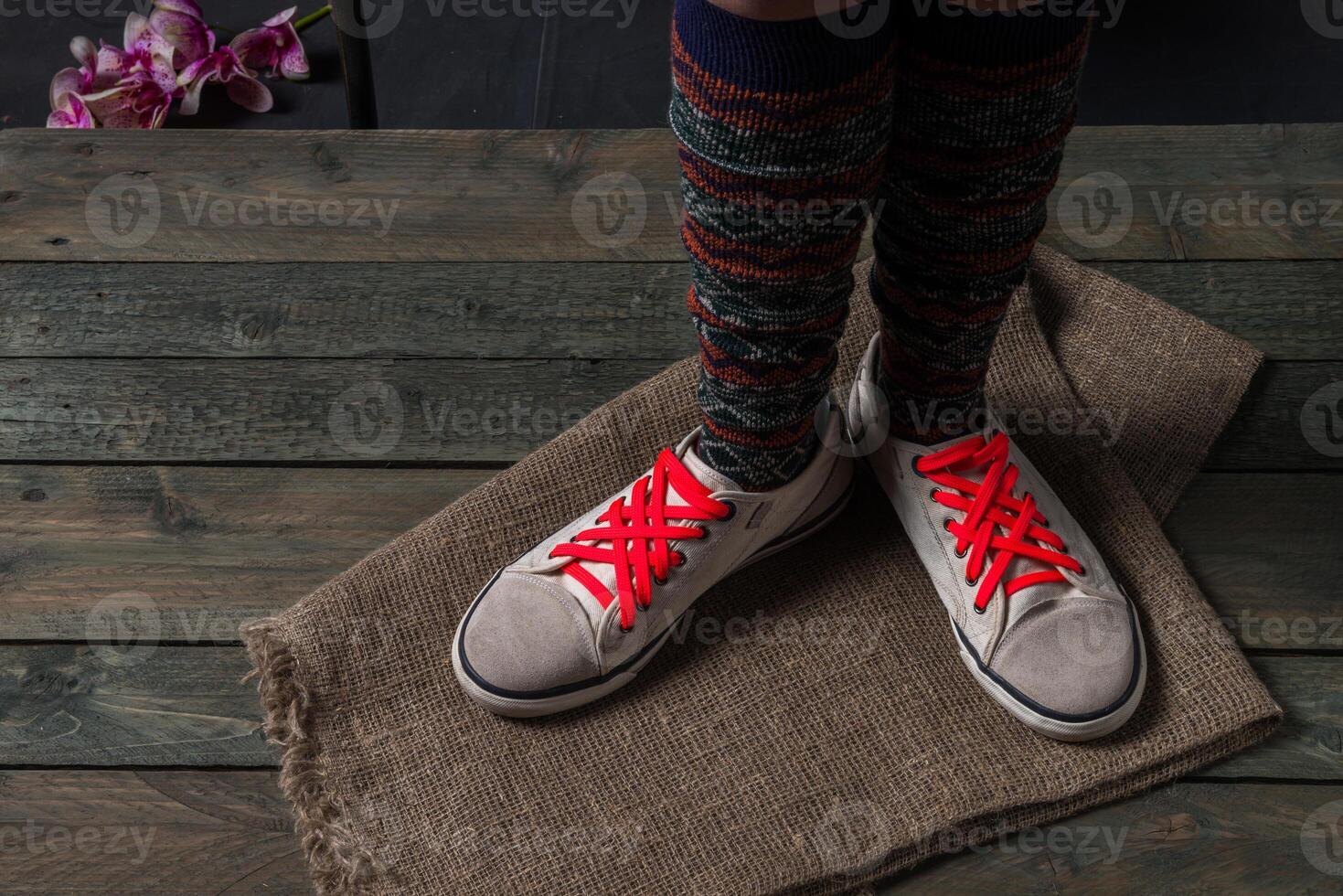 Color socks on a wooden floor photo